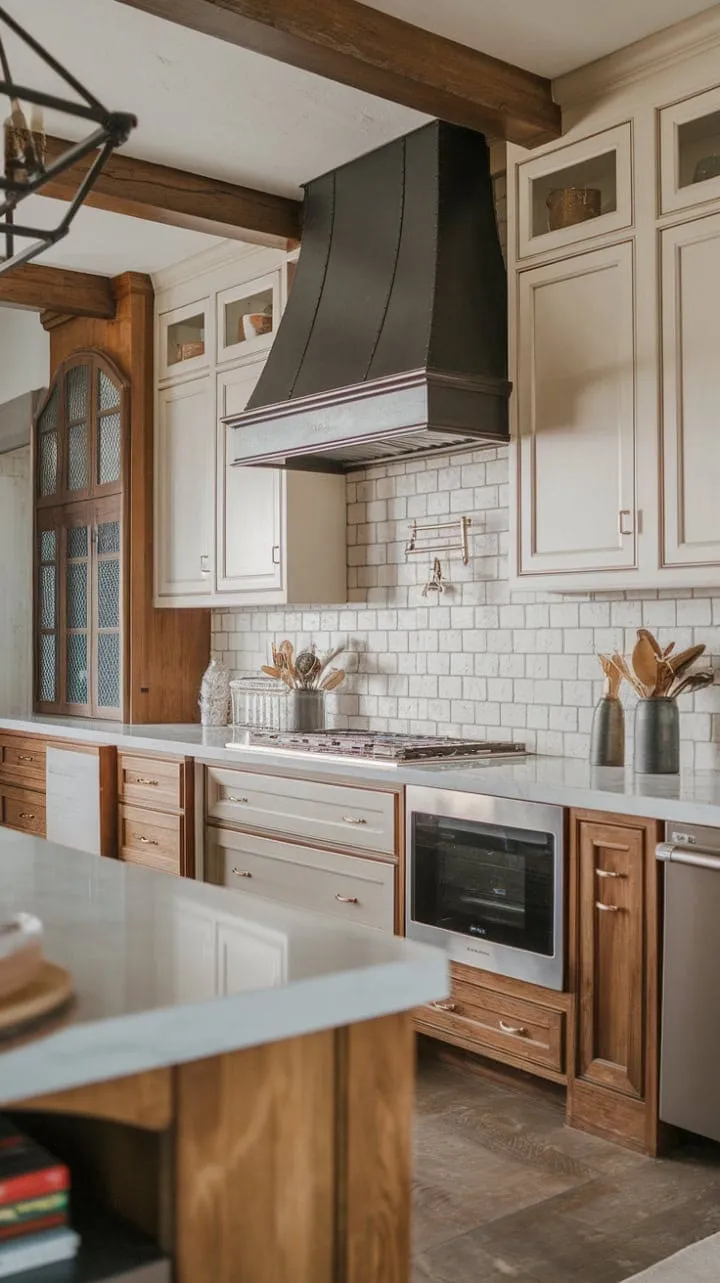 This kitchen masterfully fuses European cottage charm with modern sleekness, creating a harmonious blend of warmth and functionality.