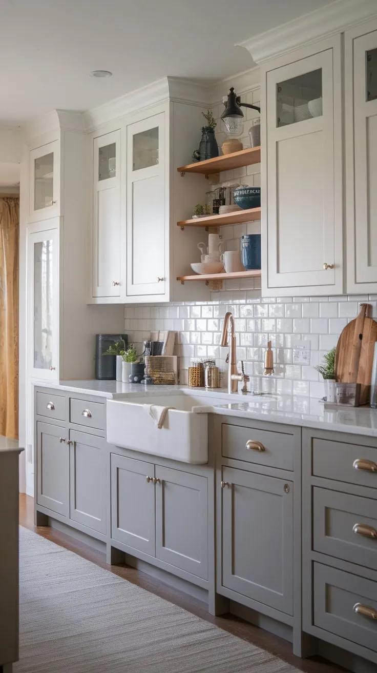 Beck Owens cabinetry blends modern and farmhouse styles in a chic transitional kitchen with white and gray two-toned cabinets