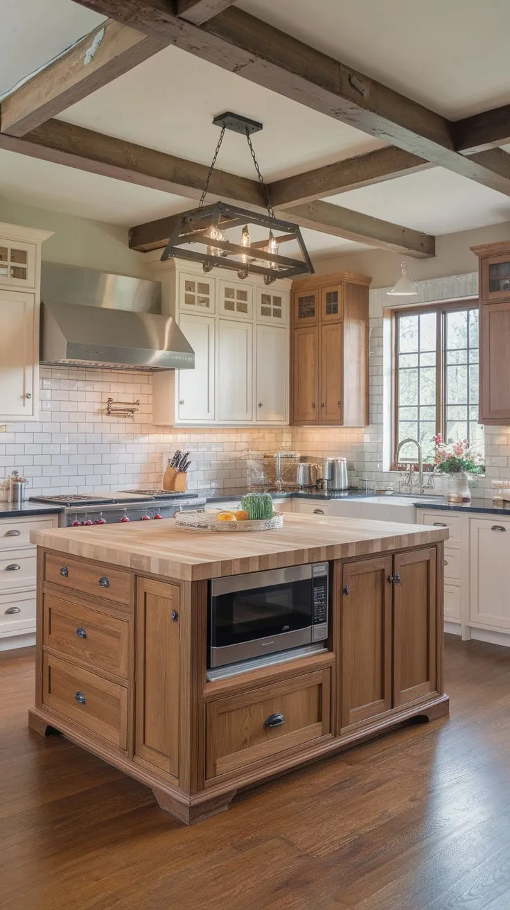 This stylish transitional kitchen blends farmhouse charm with modern appliances, featuring two-toned cabinets and a butcher block island.