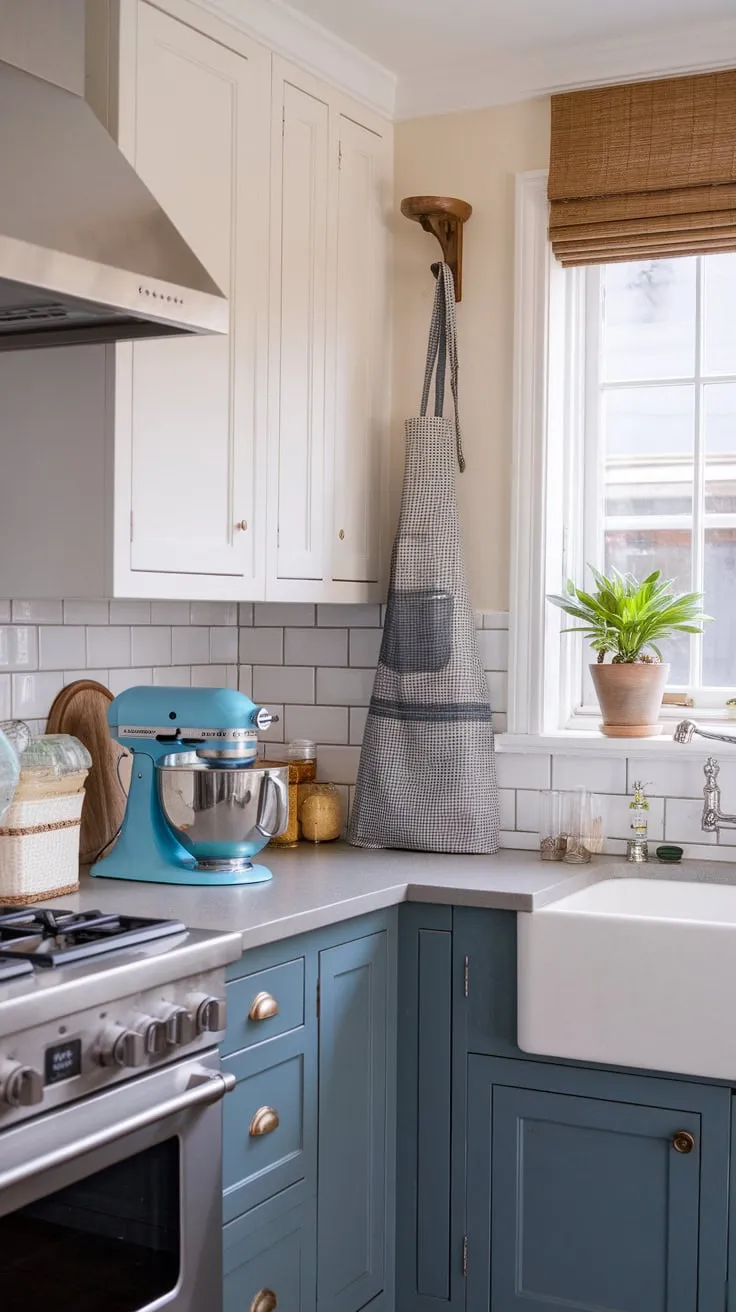 European cottage charm meets contemporary style in this transitional kitchen, featuring a striking blue and white color scheme and vintage accents.