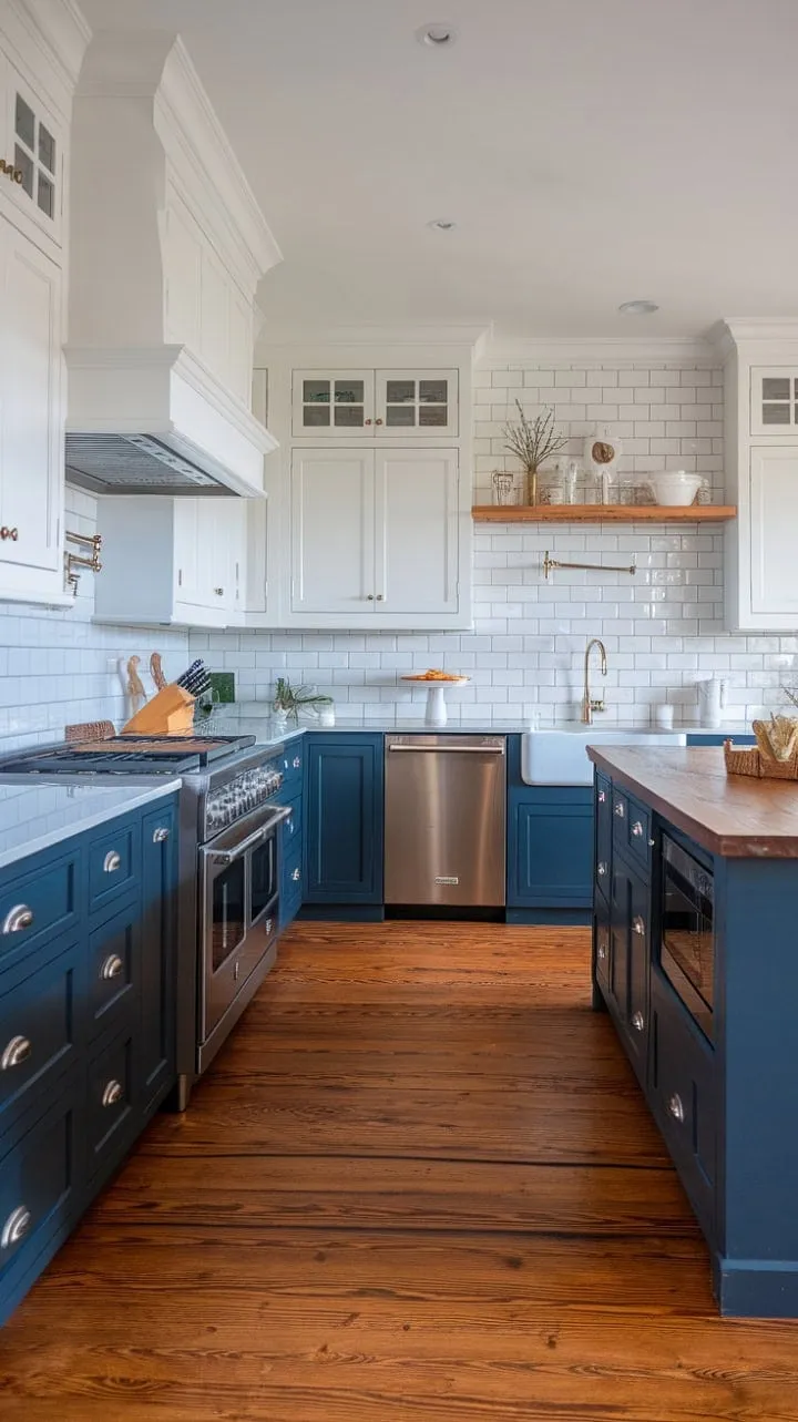 Beck Owens' stunning kitchen masterfully blends rich navy and bright white for a striking contrast, harmonizing modern convenience with timeless farmhouse charm.