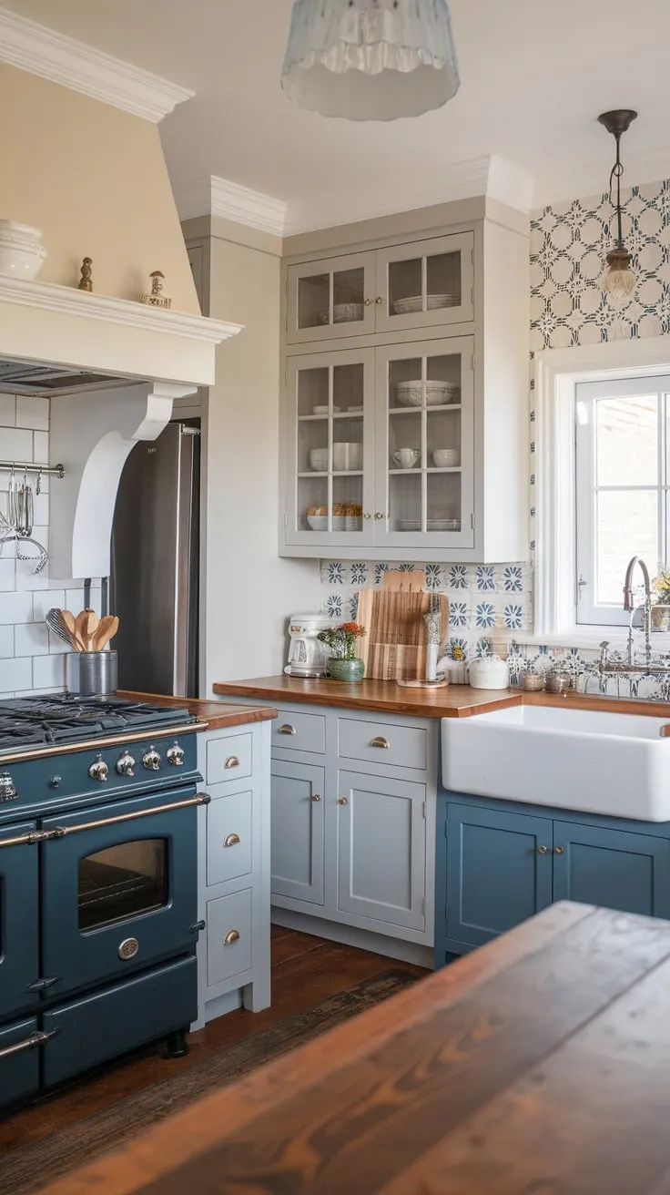 A charming transitional kitchen blends white and blue cabinetry, a farmhouse sink, and high-end appliances like a Beck Owens stove, creating a delightful European cottage feel.