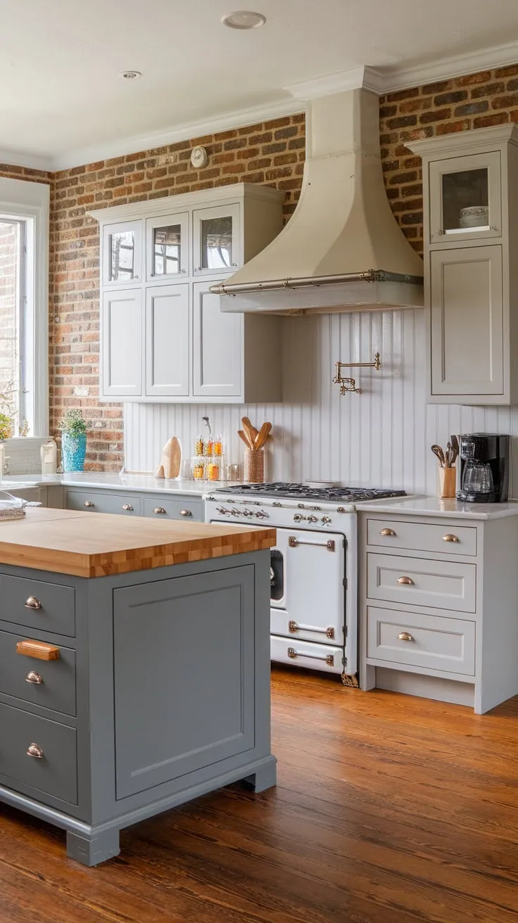 Modern appliances and a European cottage feel enhance the two-toned gray and white cabinetry in this transitional farmhouse kitchen with a large butcher block island.