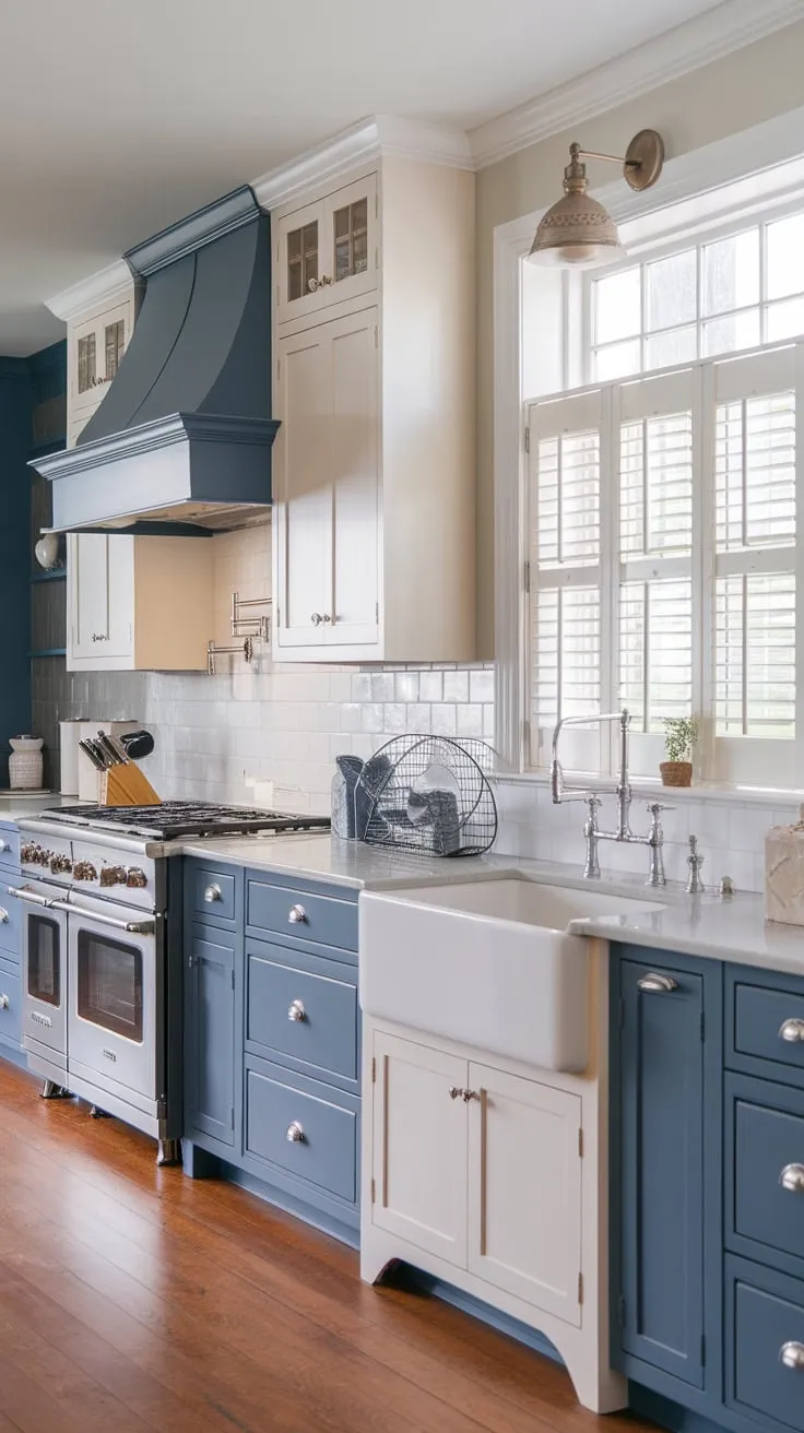 A charming transitional kitchen blends modern sleekness with farmhouse charm via two-toned blue and white cabinets, a cottage-style sink, and hardwood floors.