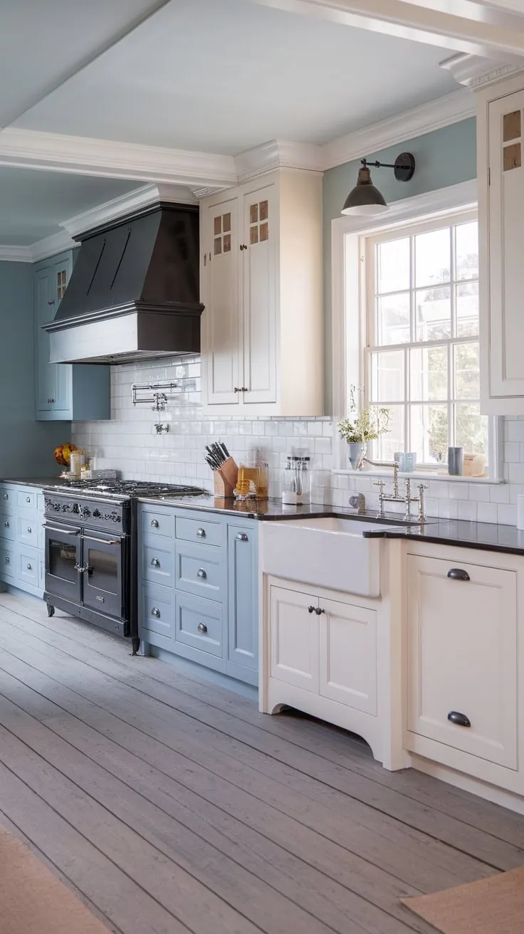 Beck Owens designed a stunning transitional kitchen featuring two-toned cabinetry, a farmhouse sink, and modern lighting, creating a sophisticated yet cozy atmosphere.