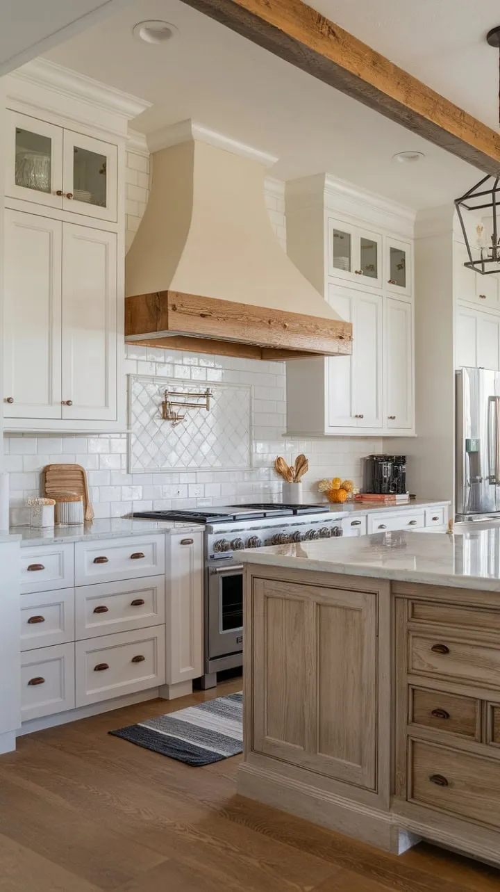 In this captivating farmhouse kitchen, rustic wood accents blend seamlessly with modern white cabinets, creating a warm and stylish heart of the home.