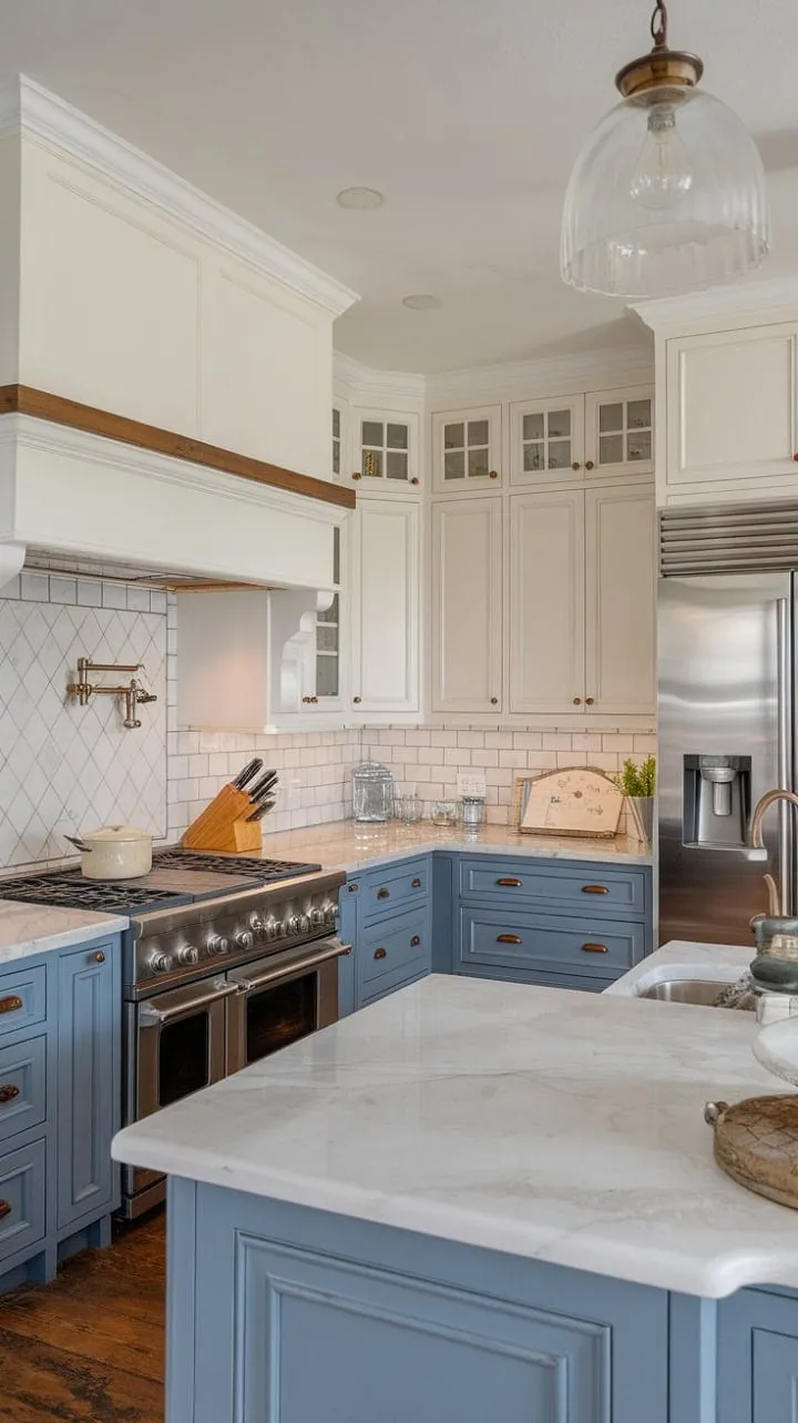 This kitchen artfully marries old-world charm with modern elegance, featuring two-toned cabinetry, farmhouse-inspired details, and sophisticated marble countertops.