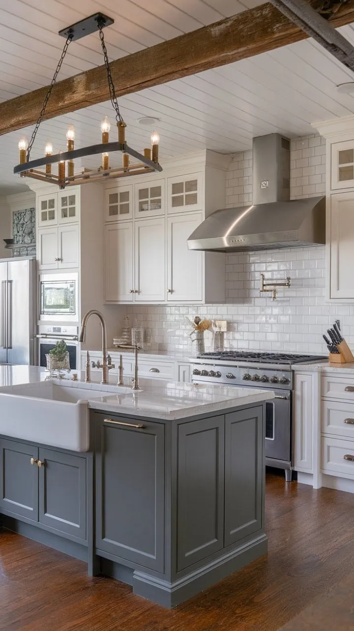 Beck Owens' design masterfully fuses modern stainless steel with rustic charm, showcasing a two-toned kitchen that exudes a warm European cottage vibe.