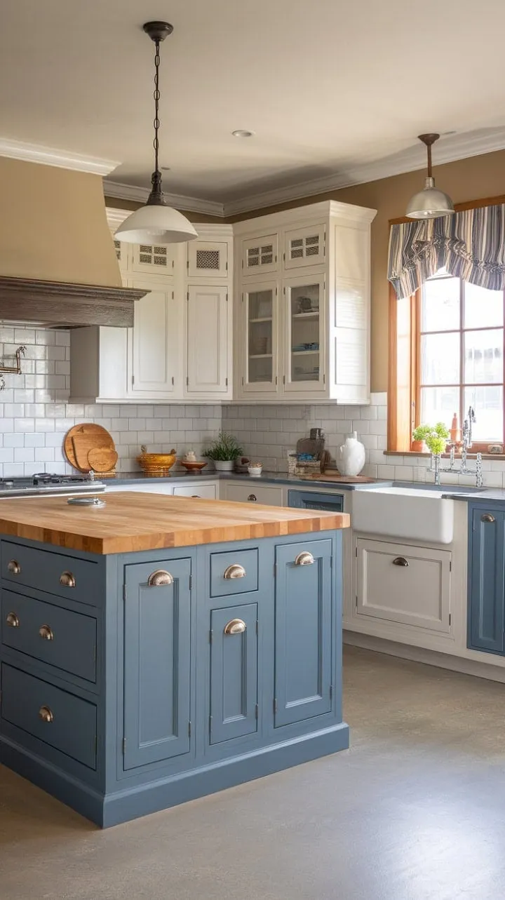This two-toned kitchen masterfully combines modern functionality with charming European cottage aesthetics, featuring a striking island and a serene color palette that invites both style and warmth.