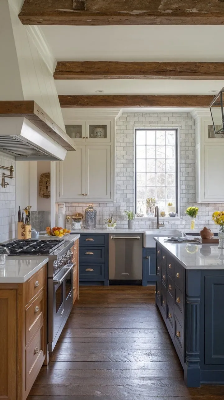 Beck Owens' transitional kitchen masterfully fuses farmhouse charm with European elegance, featuring two-toned cabinetry and a sunlit ambiance that celebrates the beauty of wood, metal, and stone.