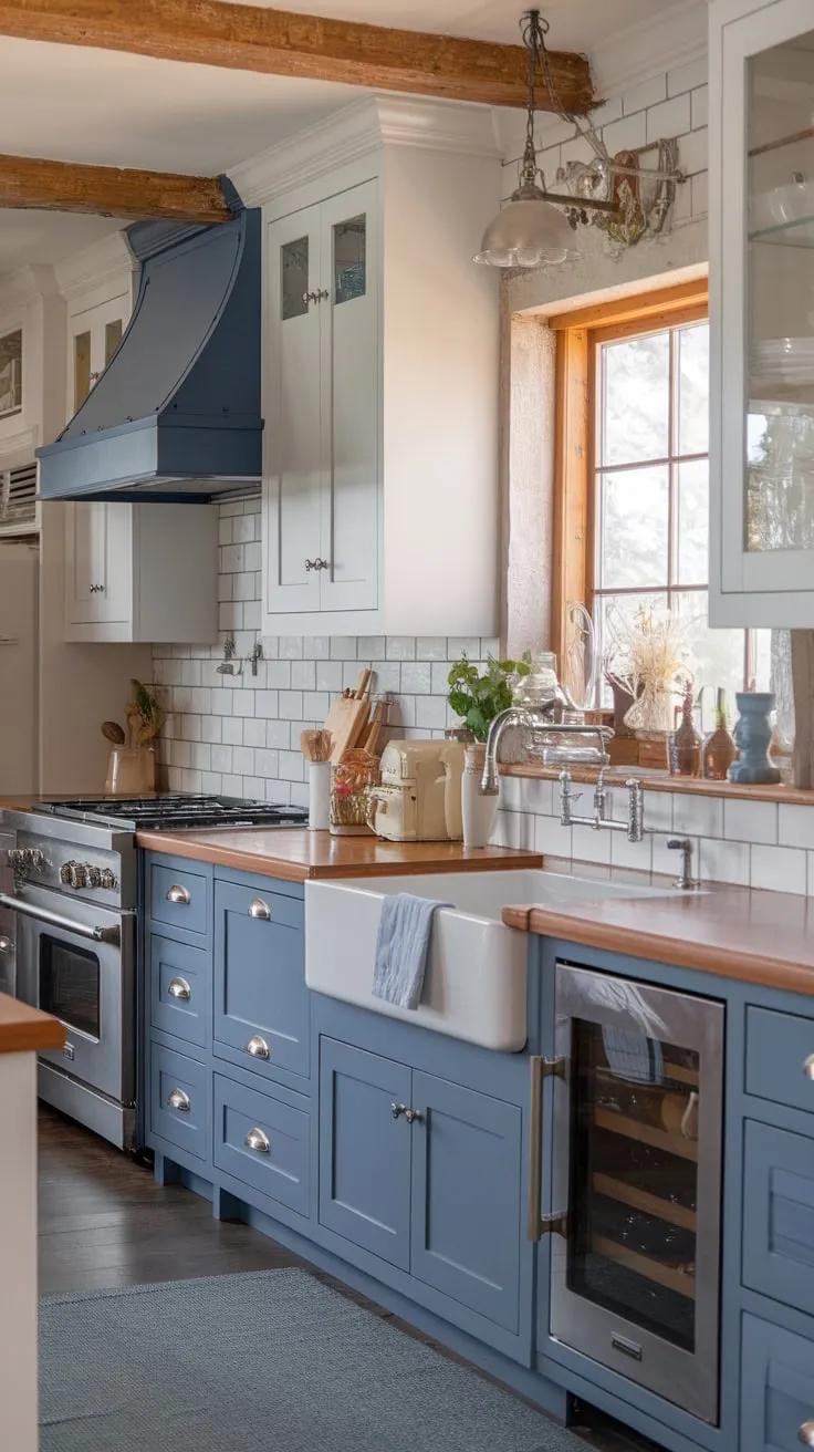 A European cottage boasts a stylish transitional kitchen blending modern decor with farmhouse charm, featuring two-toned blue and white cabinets and trending appliances.