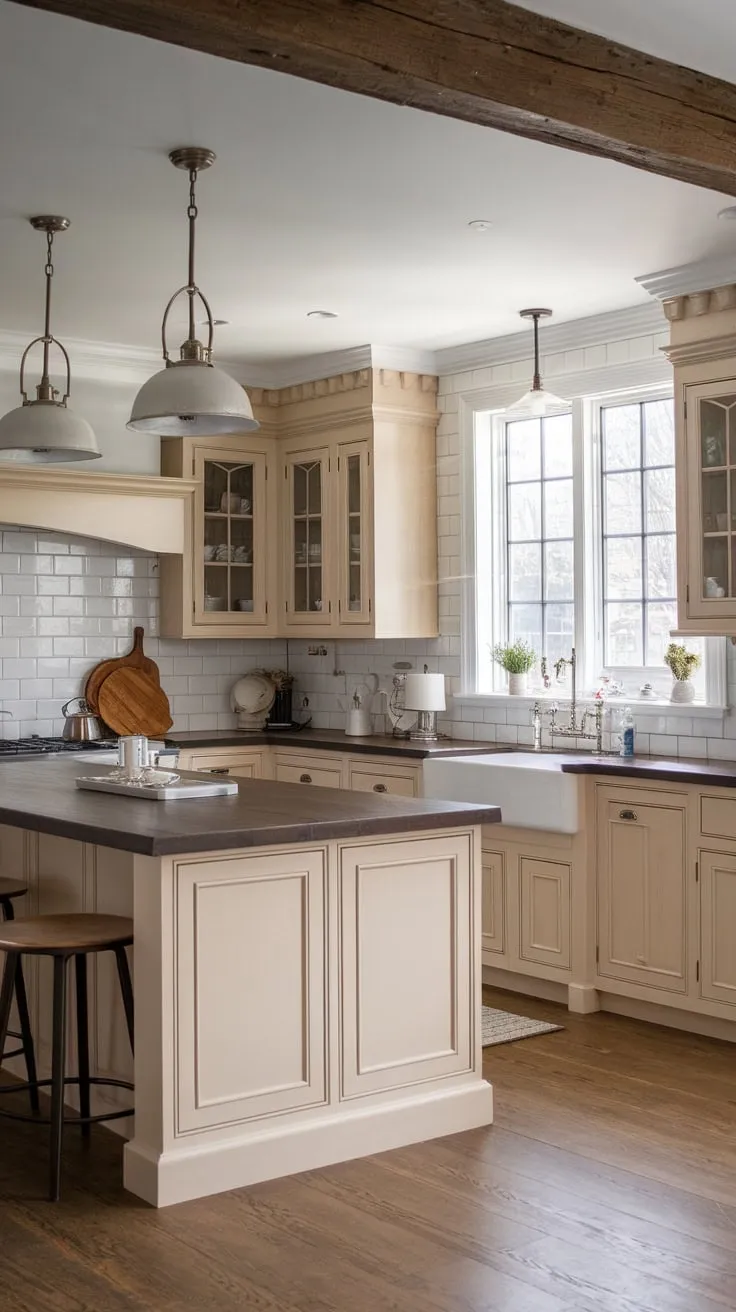 This farmhouse-style kitchen blends modern decor with cottage charm through light wood cabinets and a dark island countertop.