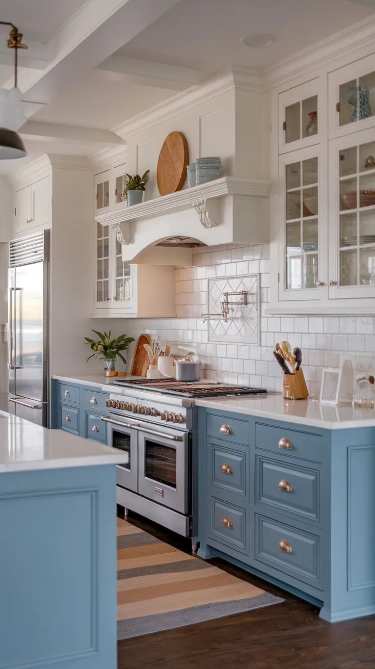 A modern farmhouse kitchen features Beck Owens cabinets in a chic two-toned blue and white design, merging transitional and cottage styles.