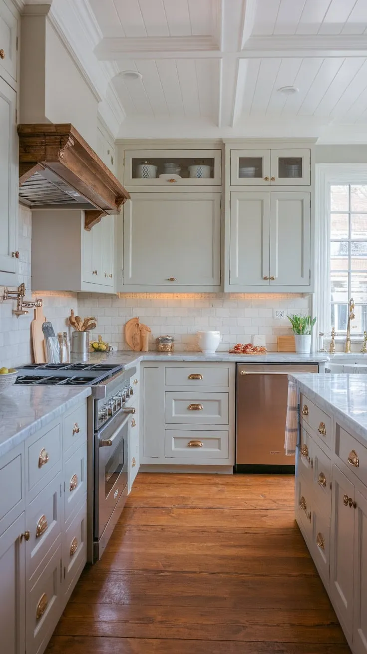 Beck Owens designed a charming transitional kitchen blending farmhouse and European cottage styles with two-toned gray and white cabinets, marble countertops, and wood floors.