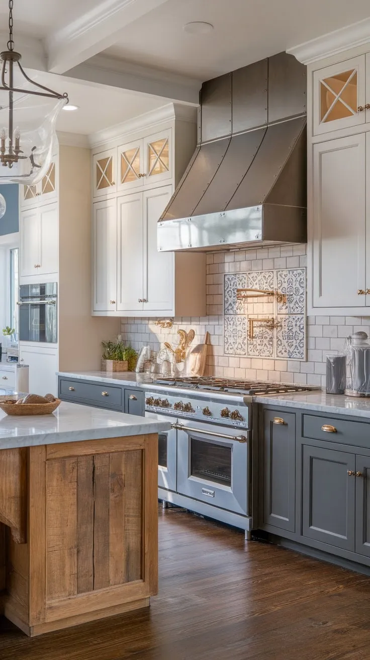 Beck Owens designed a transitional kitchen blending farmhouse charm with modern elegance, featuring two-toned cabinets and a wood island topped with marble.