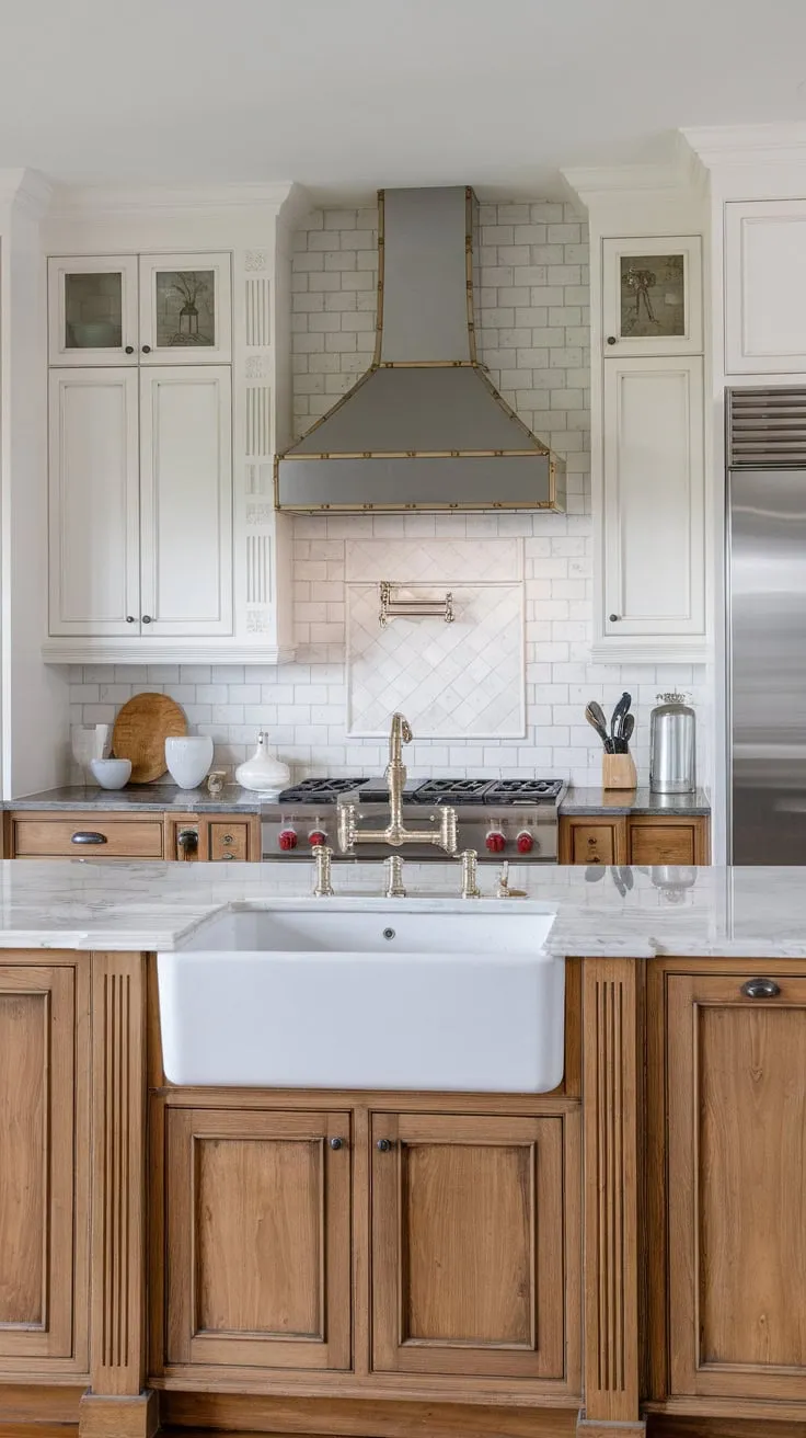 White upper cabinets and wood lower cabinets create a transitional kitchen design highlighted by a farmhouse sink and sleek range hood.