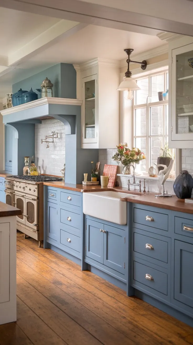 Beck Owens designed a charming transitional kitchen blending blue and white cabinetry, a farmhouse sink, and wood floors in a European cottage setting