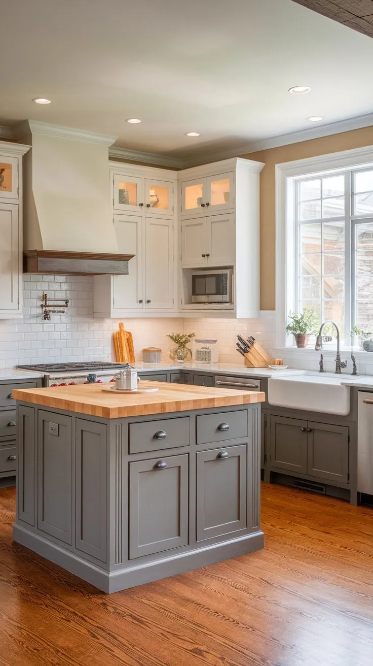 A sunlit European-cottage-style kitchen features two-toned cabinets and a butcher-block island, perfectly merging modern and traditional design elements.