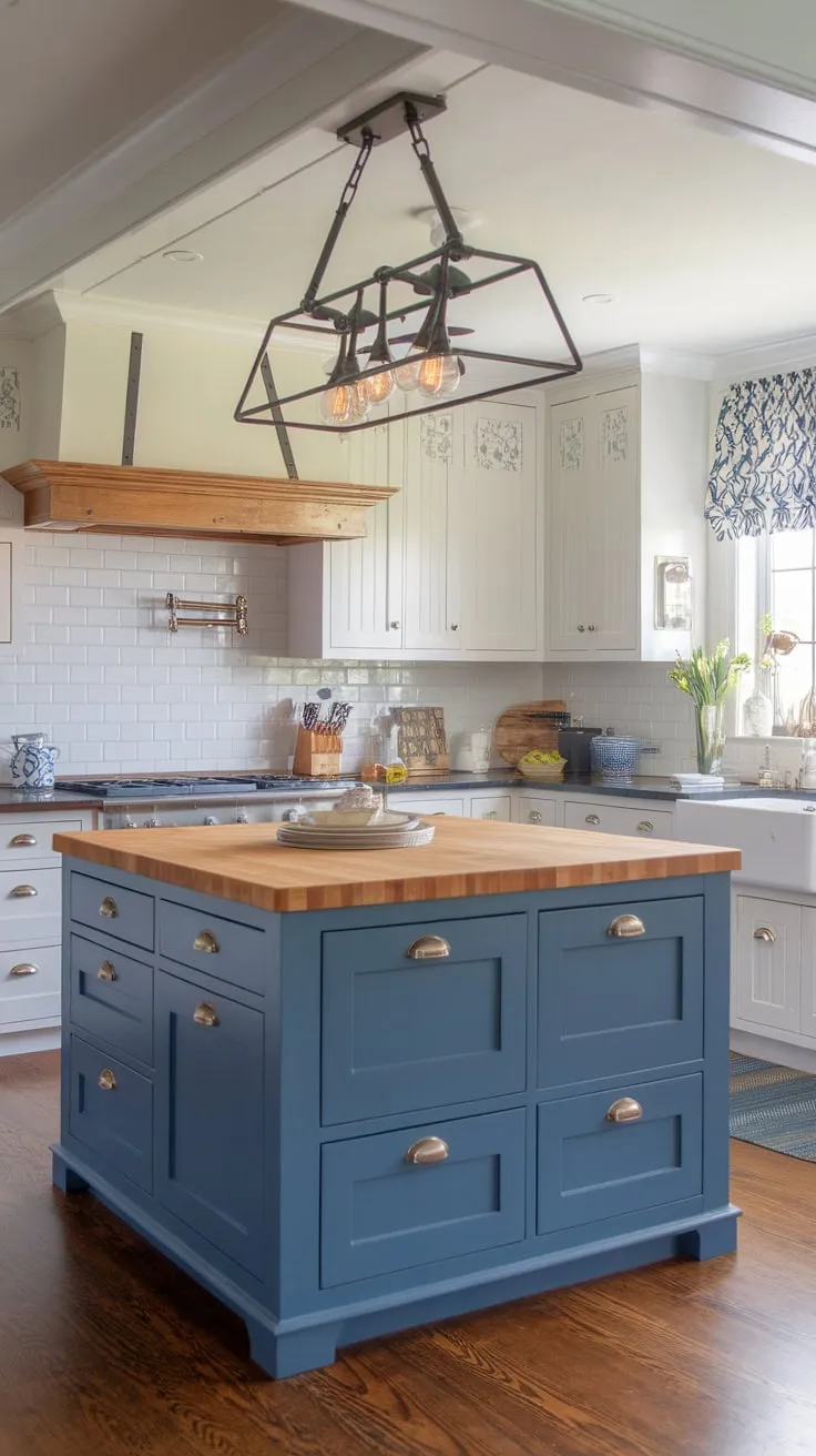 Beck Owens captured a stunning transitional kitchen blending farmhouse charm and modern style with two-toned cabinets and a striking butcher block island.