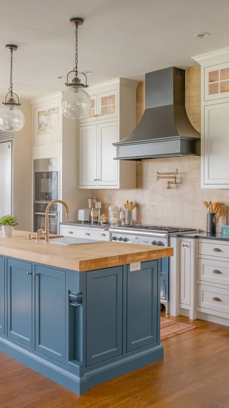 White upper cabinets and rich blue lowers create a stunning contrast in this transitional kitchen, highlighted by a farmhouse island and cottage-inspired details.