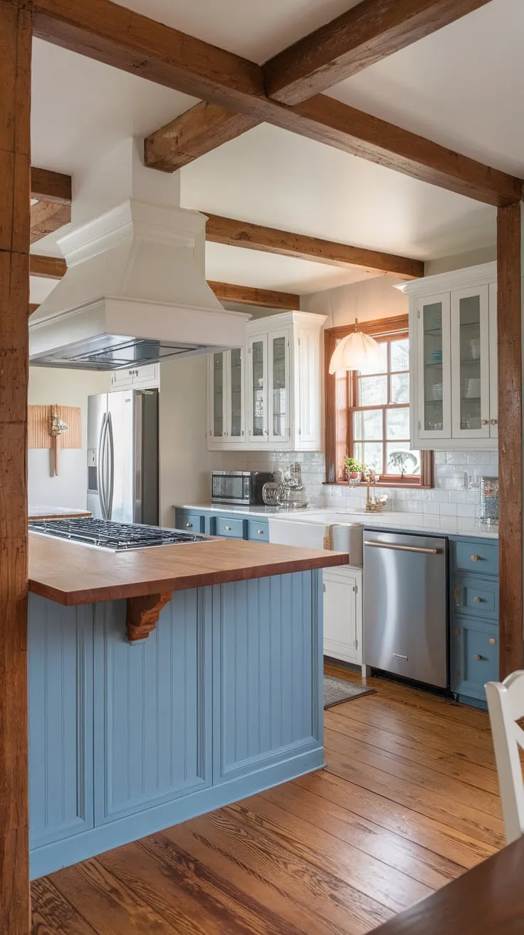 Beck Owens designed a charming transitional kitchen blending farmhouse and European cottage styles with white and blue cabinets, a wood-topped island, and exposed beams.