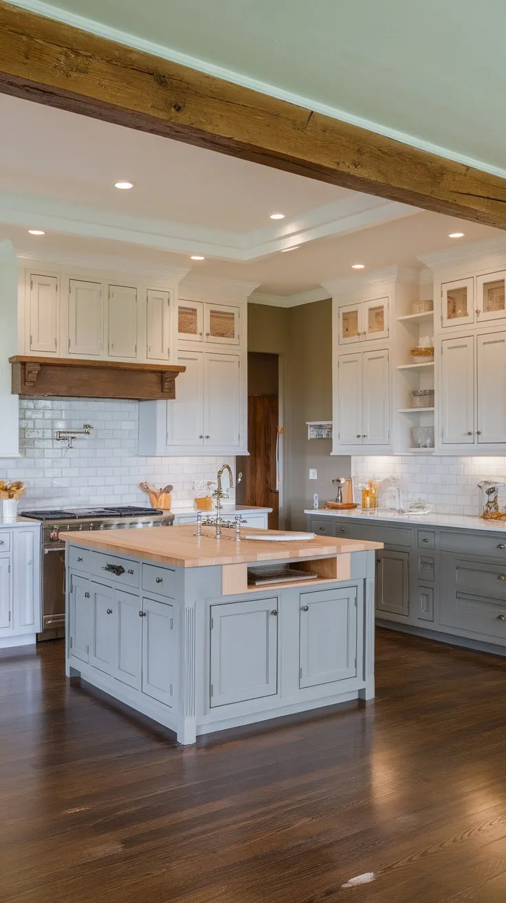 A modern farmhouse kitchen by Beck Owens features a striking contrast of white upper and dark grey lower cabinets, a large island, and rich wood flooring, creating a sophisticated transitional space.