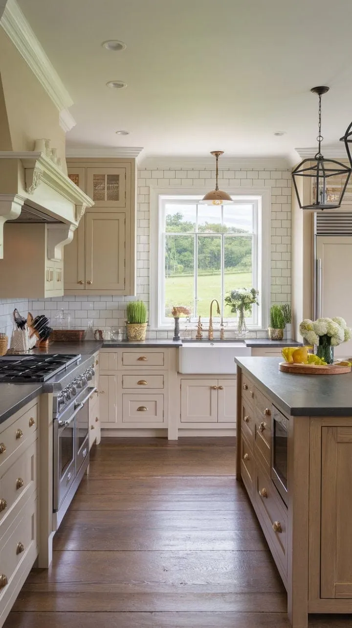 Beck Owens' modern kitchen blends farmhouse charm with contemporary elegance, featuring two-toned cabinets and dark grey countertops, all framed by a large window that invites a serene green view.
