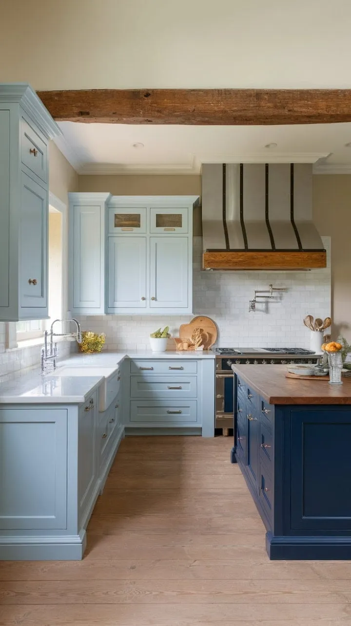 This kitchen masterfully fuses modern elegance with rustic charm, featuring a chic blue palette, a farmhouse sink, and warm white oak flooring for an inviting yet stylish atmosphere.