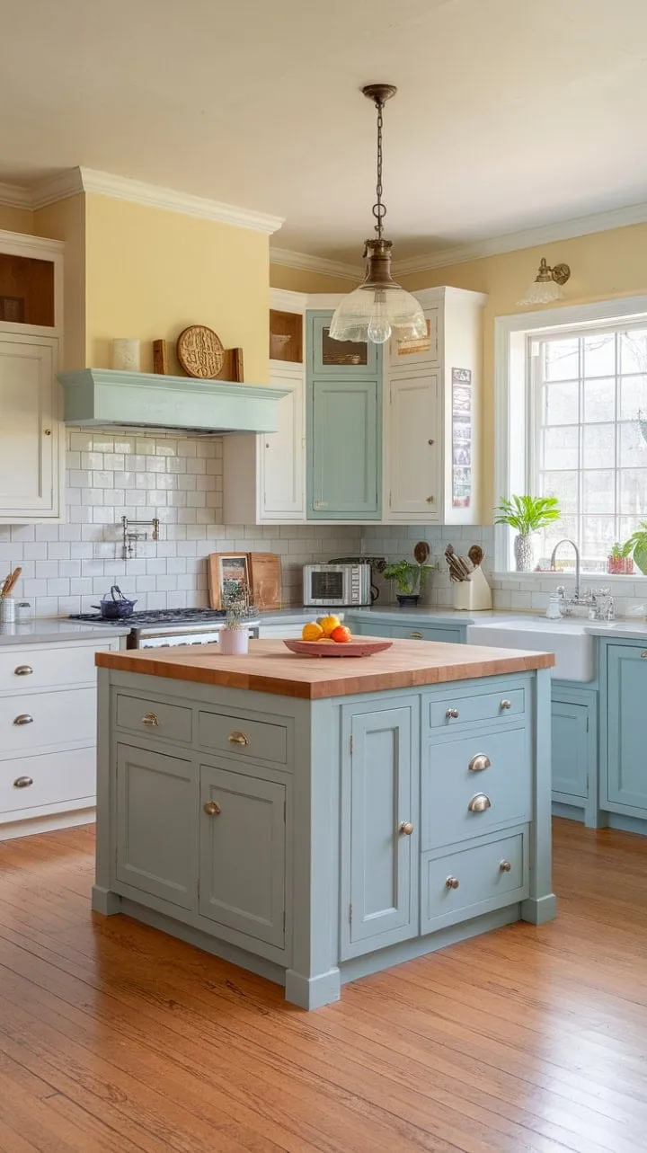 Beck Owens weaves European charm into this kitchen with two-toned cabinetry, a cozy butcher block island, and delightful vintage accents, creating an inviting and airy culinary retreat.