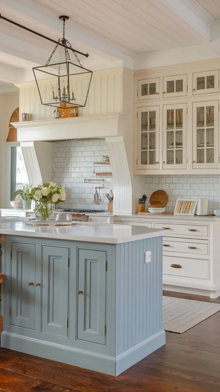 Beck Owens' design masterfully fuses modern elegance with farmhouse charm, showcasing a serene European cottage kitchen through its two-toned blue and white cabinetry.