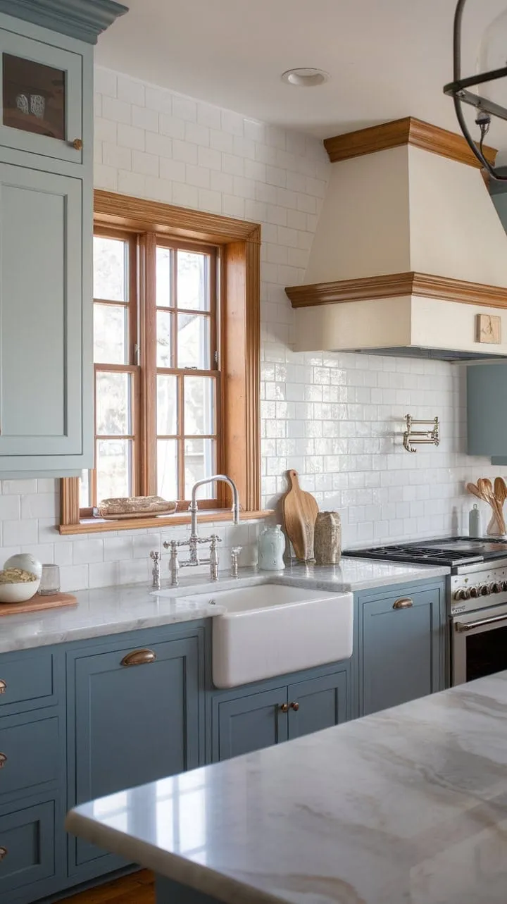 Beck Owens masterfully blends modern convenience with timeless charm in this transitional kitchen, featuring captivating two-toned blue cabinets, a farmhouse sink, and elegant marble countertops.