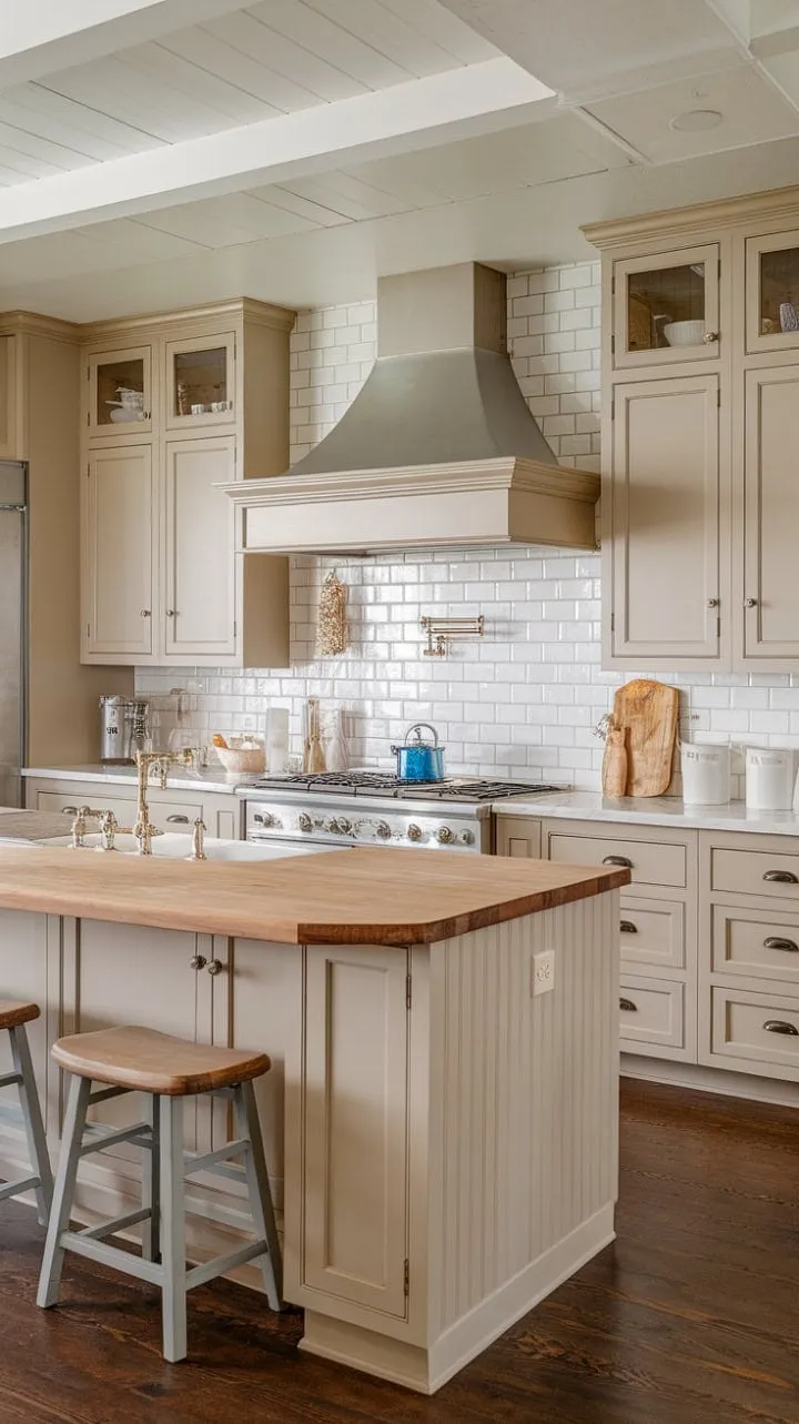 This transitional kitchen beautifully marries farmhouse charm with modern functionality, featuring creamy beige and crisp white cabinets, a rustic butcher block island, and an apron-front sink.