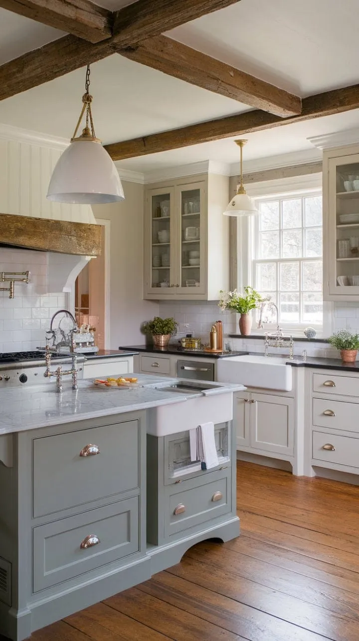 Beck Owens' stunning kitchen masterfully blends farmhouse charm with modern elegance, featuring gray and white cabinets, a grand marble island, and cozy rustic details.