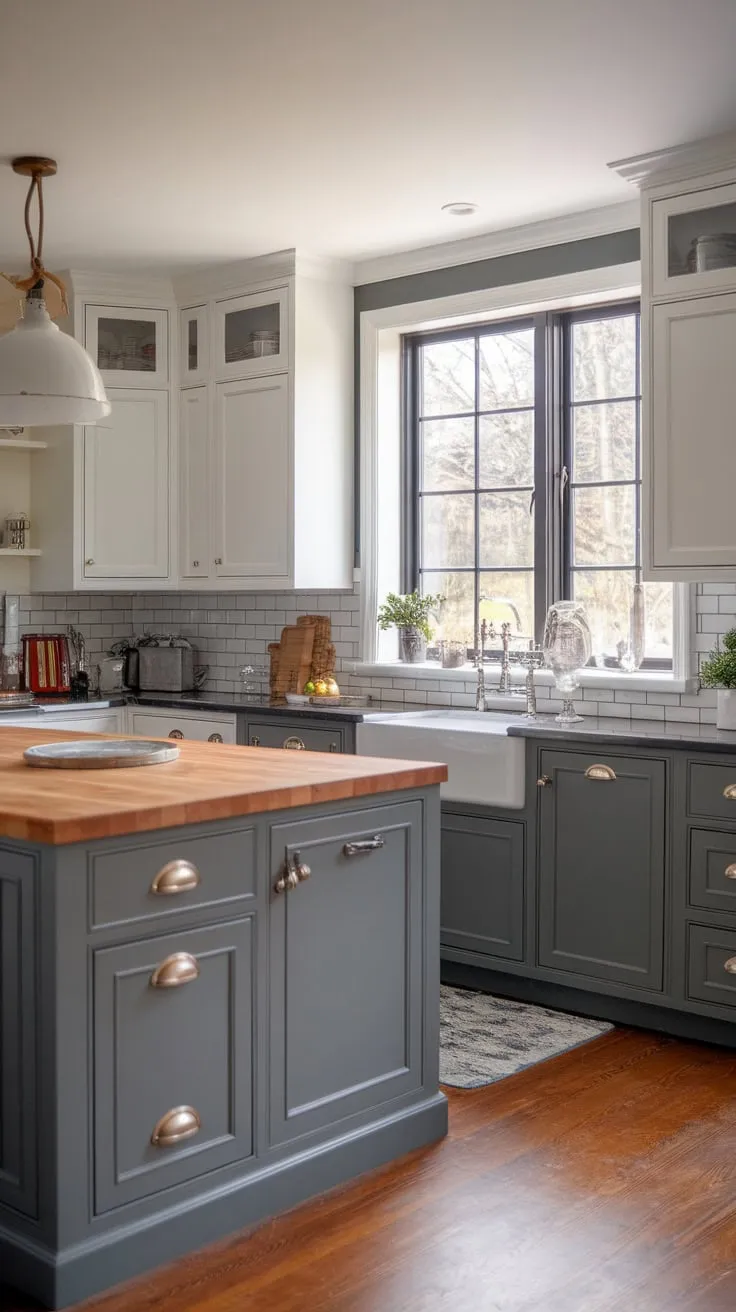 Beck Owens cabinetry creates a stunning transitional kitchen blending modern farmhouse style with a European cottage feel, showcasing two-toned grey and white cabinets and a grey butcher block island.