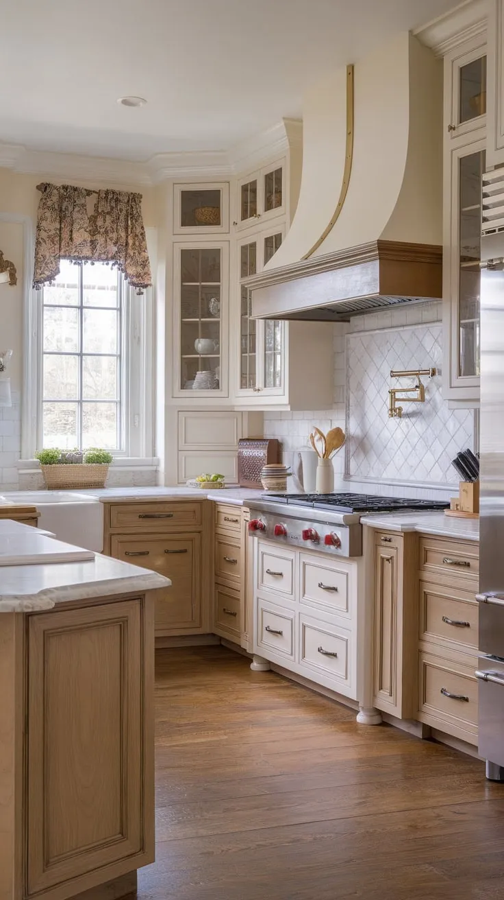 This stylish transitional kitchen blends farmhouse charm with European cottage details and modern appliances, creating a functional and elegant space