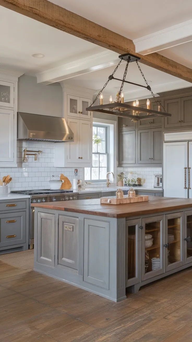 Beck Owens designed a stunning transitional kitchen blending farmhouse and European cottage styles with two-toned gray cabinets and a large wooden island.
