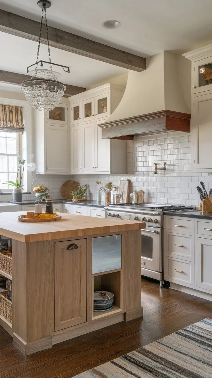 A European cottage-inspired kitchen by Beck Owens showcases a stylish mix of white upper cabinets, wood lower cabinets, and a large butcher block island.
