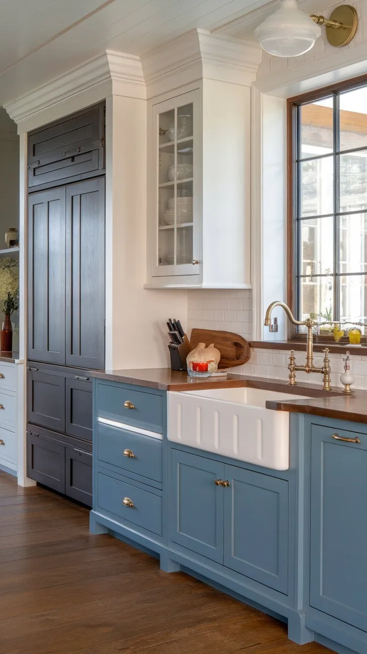 This European-cottage-inspired transitional kitchen boasts a chic design with two-toned blue and white cabinets, a farmhouse sink, and cleverly concealed appliances.