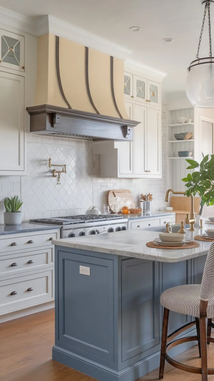 This transitional kitchen's two-toned blue and white cabinets, farmhouse design, and modern appliances create a stylish and welcoming space.