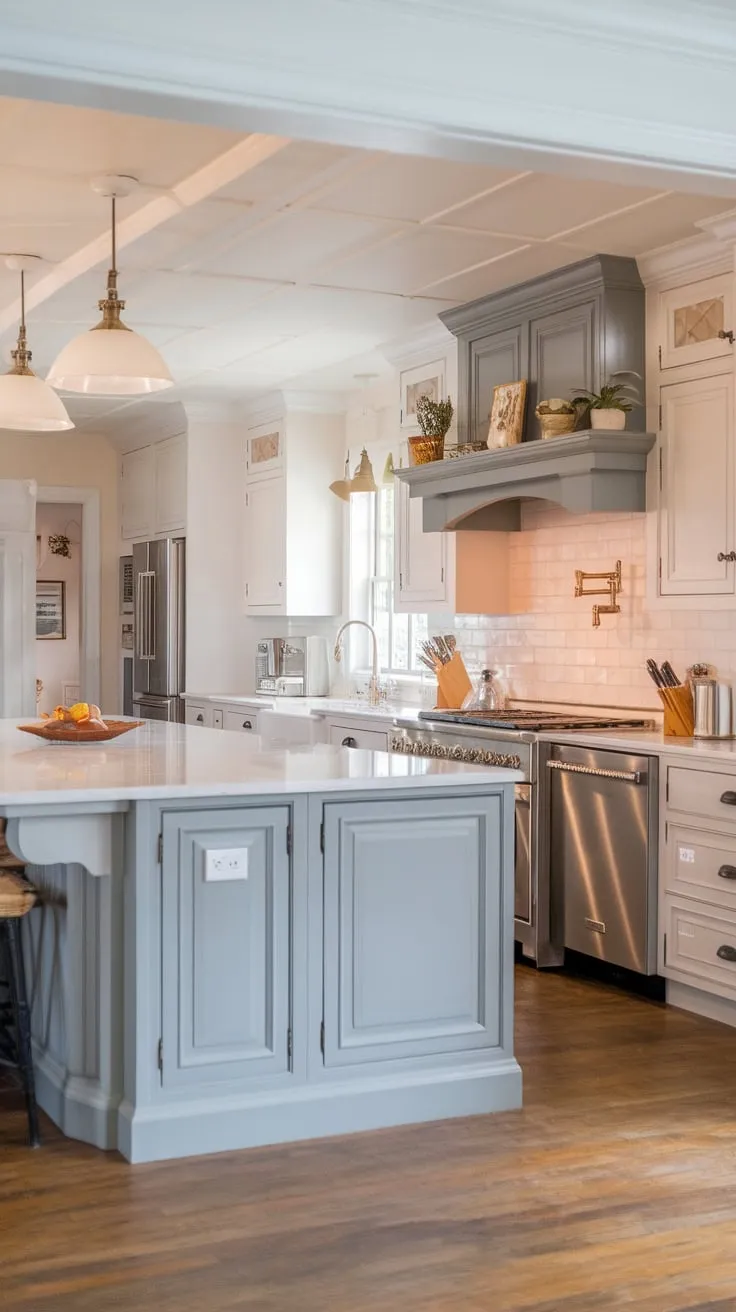 Beck Owens designed a charming transitional kitchen blending farmhouse and European cottage styles with two-toned shaker cabinets and a large white-topped island.
