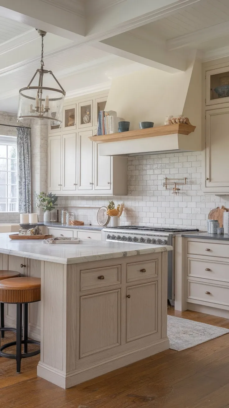 Beck Owens designed a stylish transitional kitchen blending farmhouse charm and modern elegance with two-toned cabinetry and a marble island.