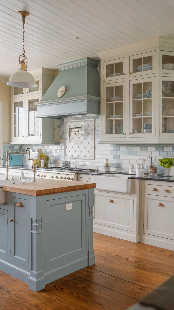 A stunning transitional kitchen photo by Beck Owens features a farmhouse-inspired island and European cottage details in a soft blue and white color scheme.
