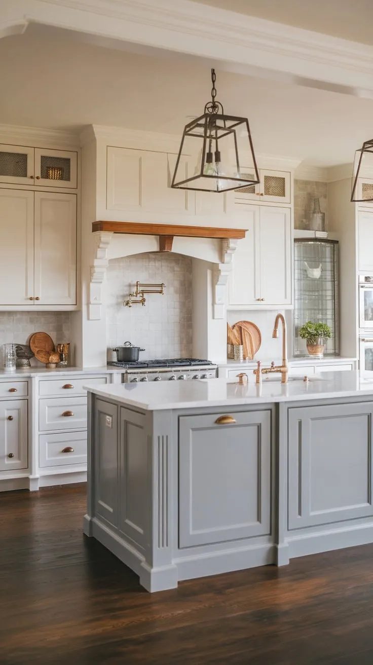 Beck Owens styled a charming transitional kitchen blending white and gray cabinets, a farmhouse island, and modern appliances in a European cottage setting.