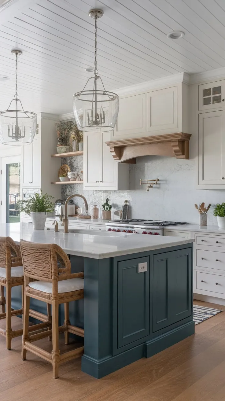 Beck Owens designed a stunning transitional kitchen blending dark blue lower cabinets with white uppers, a farmhouse aesthetic, and modern accents.