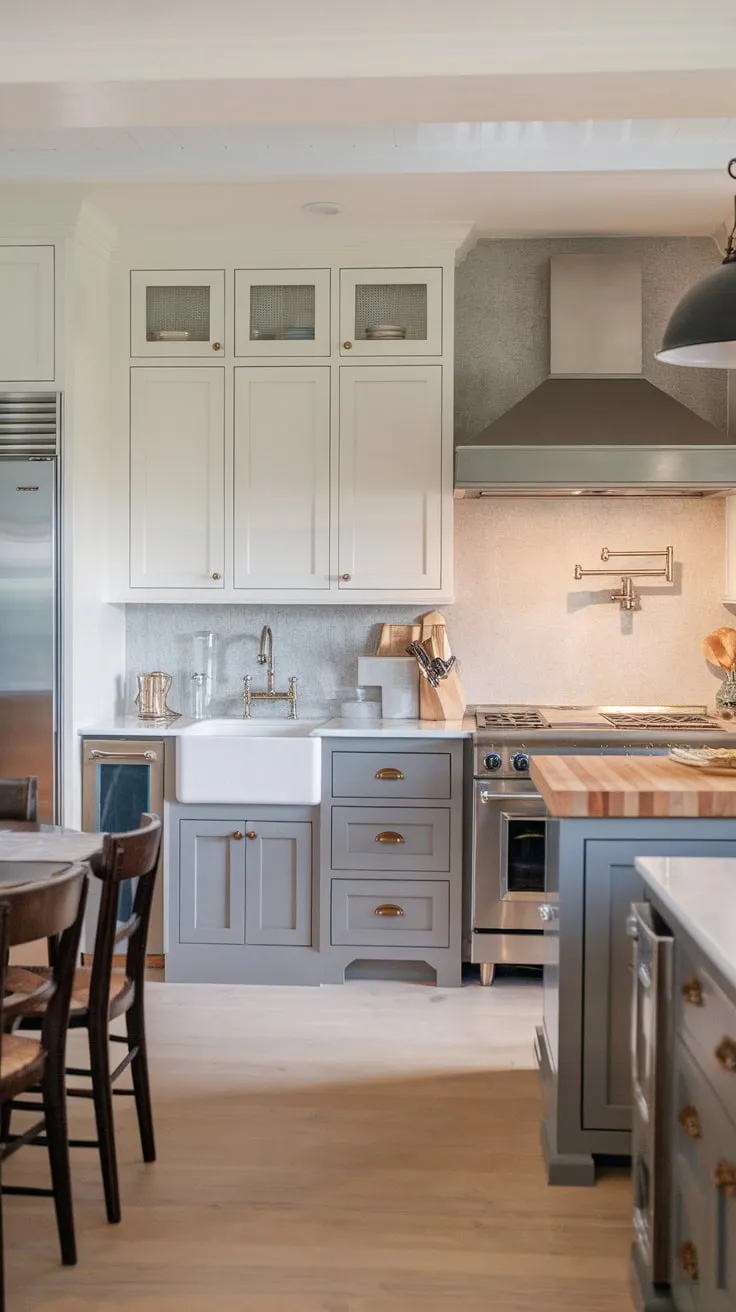 Beck Owens designed a charming transitional kitchen blending white and gray cabinets, a farmhouse sink, and butcher block island in a European cottage setting.