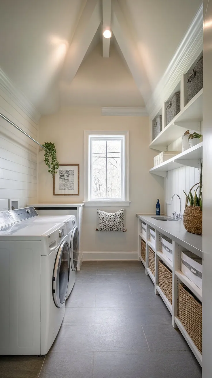 No longer a chore, but a sanctuary! This laundry room's high ceilings and thoughtful design, featuring a convenient sink and abundant shelving, transform a utilitarian space into a stylish and efficient hub. The grey tile and white walls create a clean and modern aesthetic, while the added touches of greenery and a decorative basket inject personality. A perfect example of how even the most mundane spaces can be elevated with careful planning.