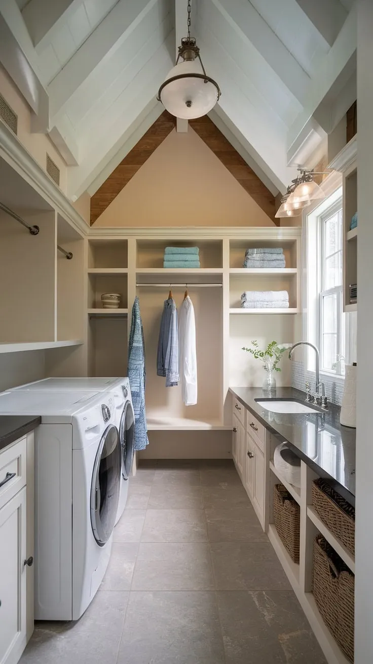 High ceilings and a smart design create a laundry room that's as beautiful as it is functional. The combination of modern appliances, a practical sink, and abundant storage makes this space a dream. A perfect example of how even utilitarian areas can be both stylish and efficient.
