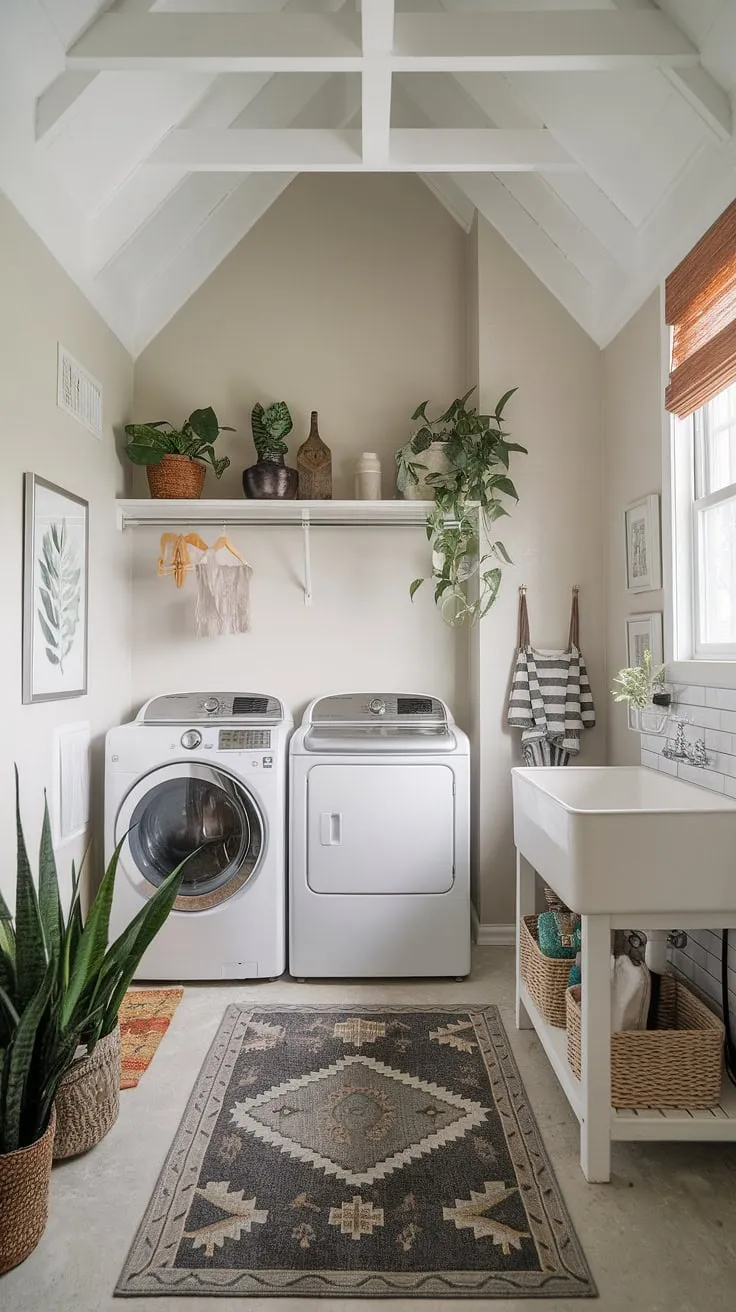 This transitional laundry room proves that functionality and style can coexist beautifully. The high ceilings and spacious layout create a bright and airy atmosphere, while the thoughtful organization and modern design elements, like the utility sink and stylish rug, elevate this essential space into a true home highlight. A perfect blend of practicality and aesthetic appeal.