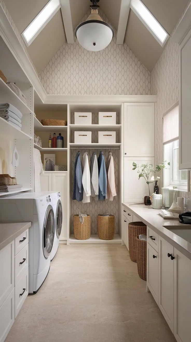 This transitional laundry room boasts a high ceiling and functional design, maximizing space with ample storage, a convenient folding counter, and stylish white cabinetry. The subtle beige and white patterned walls create a calming atmosphere, while the hanging rod and shelves ensure everything is neatly organized. A perfect blend of form and function.