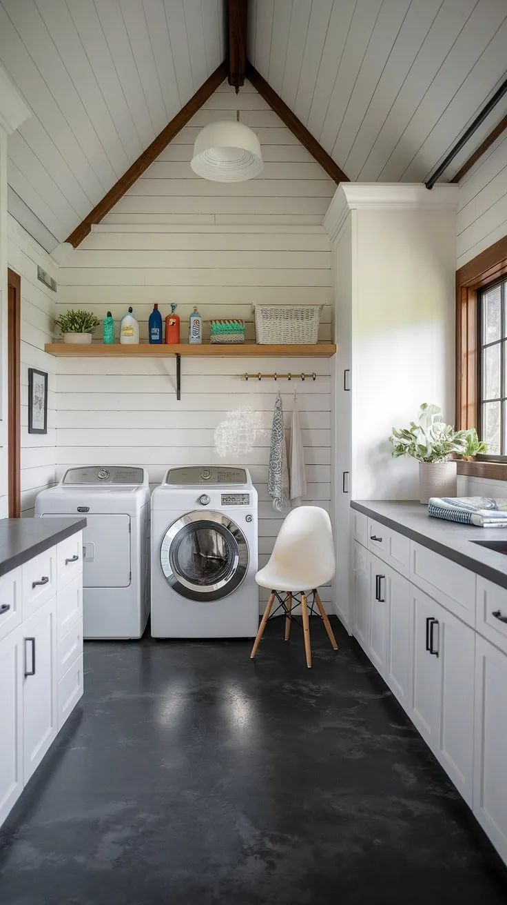 This transitional laundry room seamlessly blends functionality with style. The high ceilings and dark grey flooring create a sophisticated backdrop for the crisp white cabinetry and appliances. A simple wooden shelf adds warmth, showcasing cleaning supplies with effortless organization. The addition of a comfortable white chair completes the space, transforming a utilitarian area into a calm and inviting haven.